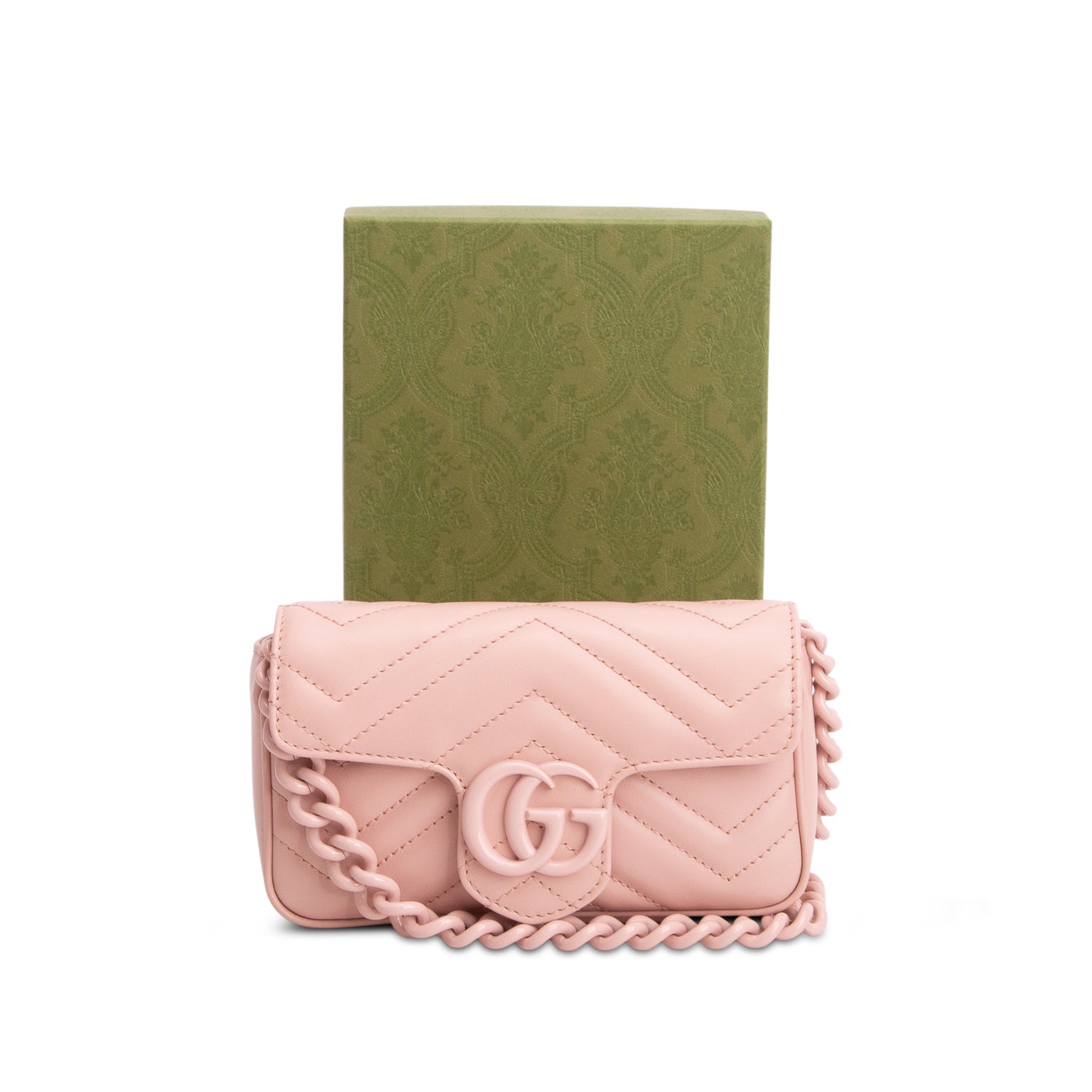 Gucci Pink Calfskin Matelasse Monochrome GG Marmont Chain Belt Bag w/ Box