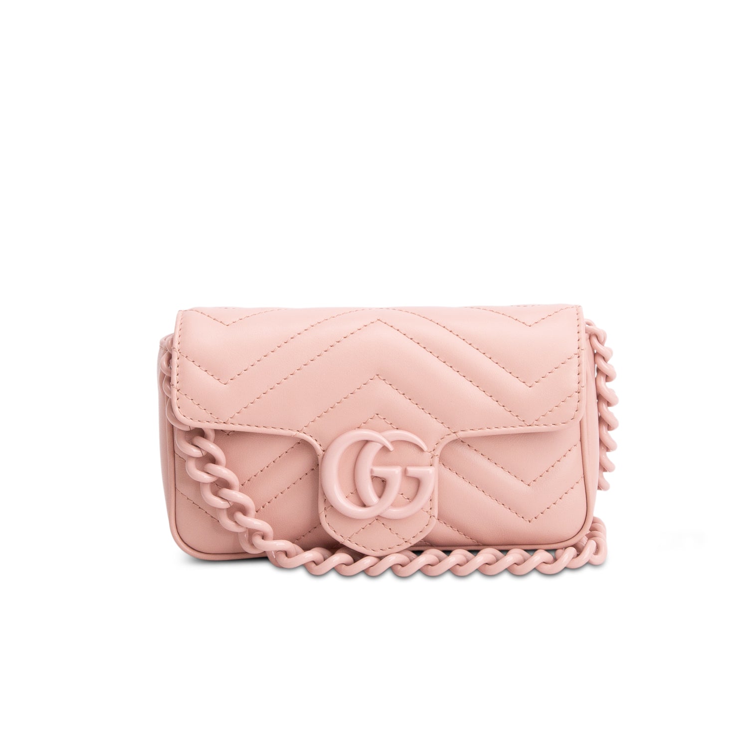 Gucci Pink Calfskin Matelasse Monochrome GG Marmont Chain Belt Bag w/ Box