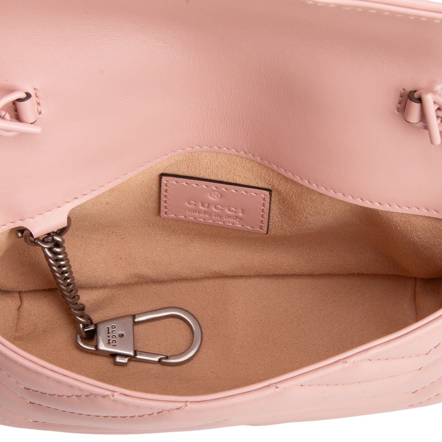 Gucci Pink Calfskin Matelasse Monochrome GG Marmont Chain Belt Bag w/ Box