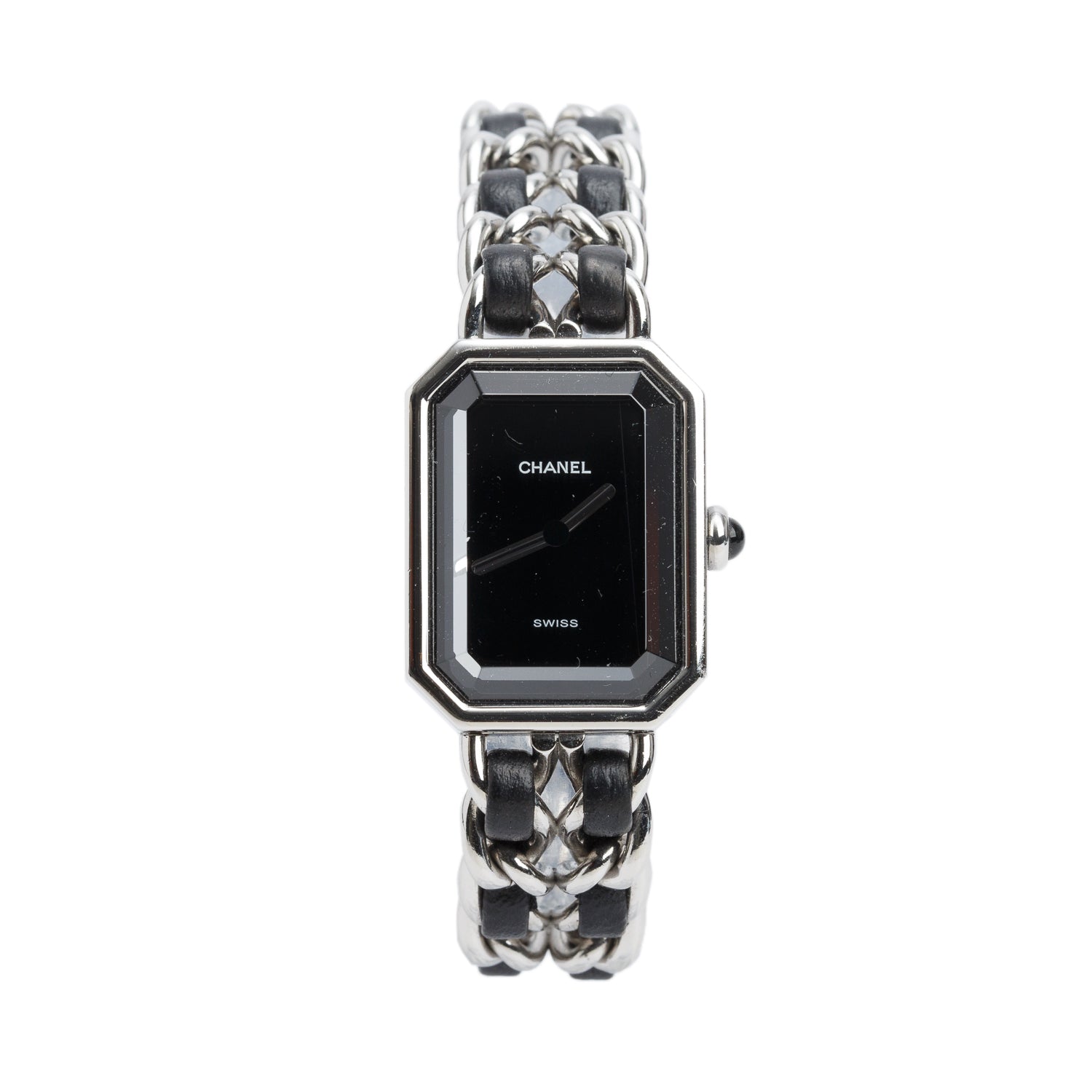 Chanel Stainless Steel & Black Leather Premiere Iconic Chain Watch Black Dial H0451