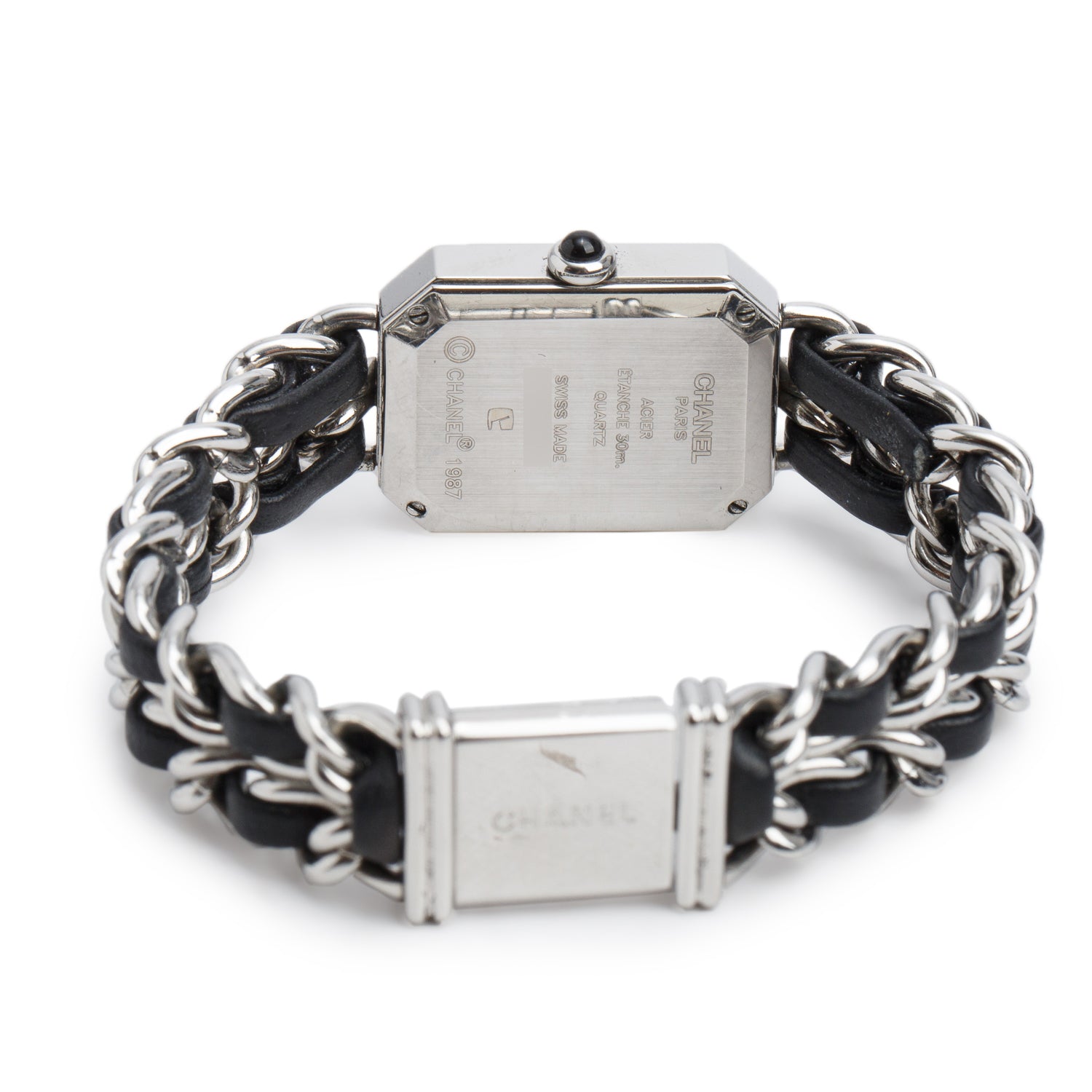 Chanel Stainless Steel & Black Leather Premiere Iconic Chain Watch Black Dial H0451