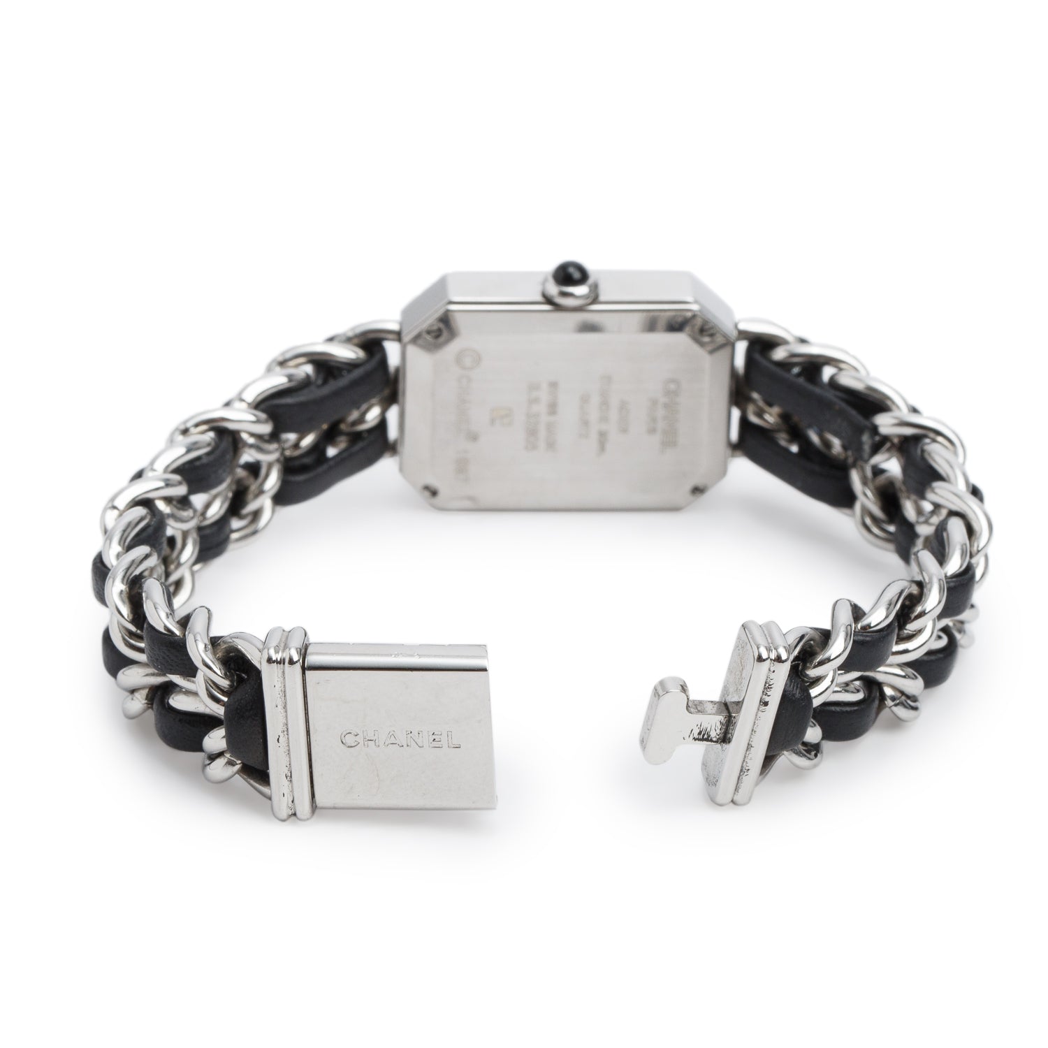 Chanel Stainless Steel & Black Leather Premiere Iconic Chain Watch Black Dial H0451