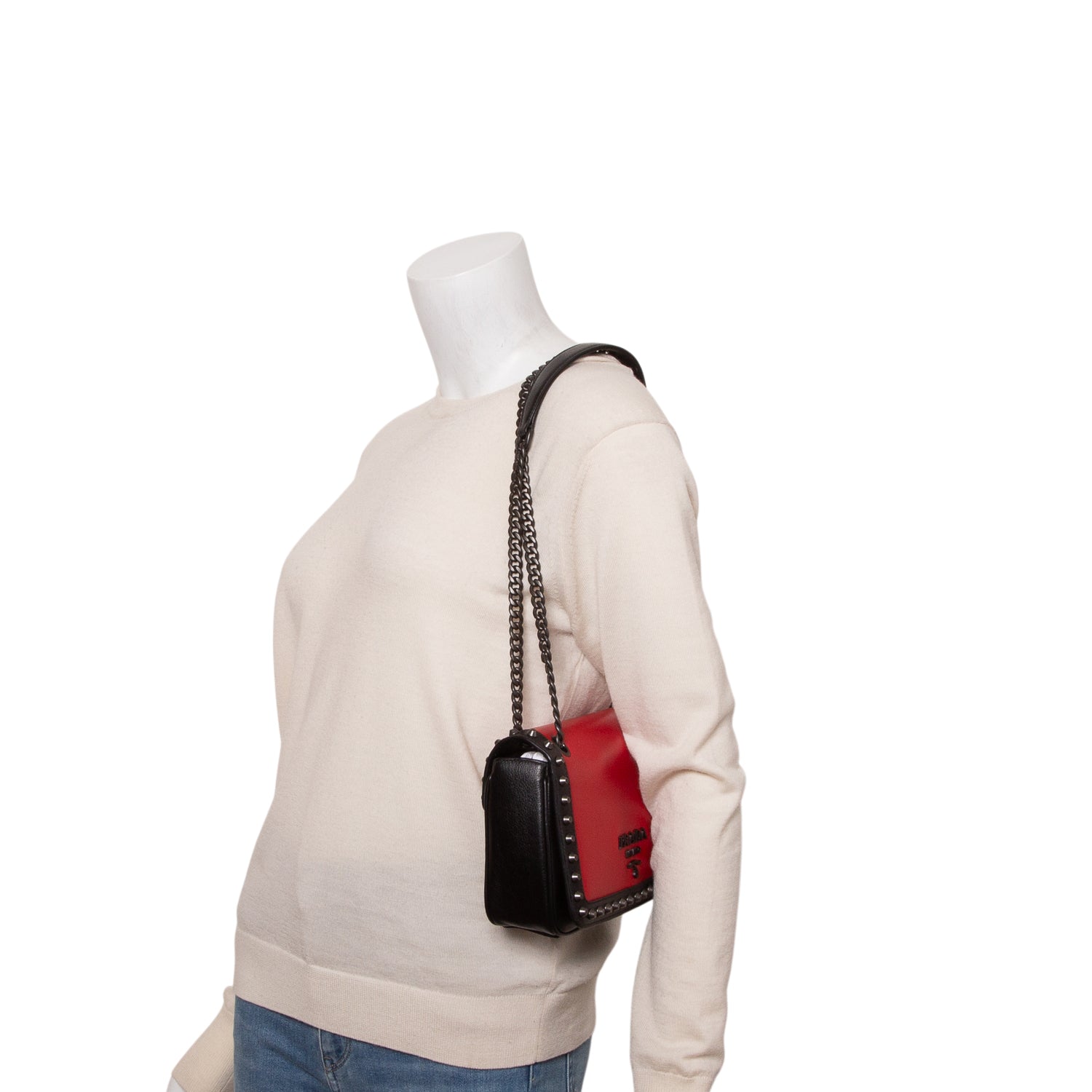 Prada Red/Black Glace Calf Leather Studded Camera Crossbody Bag