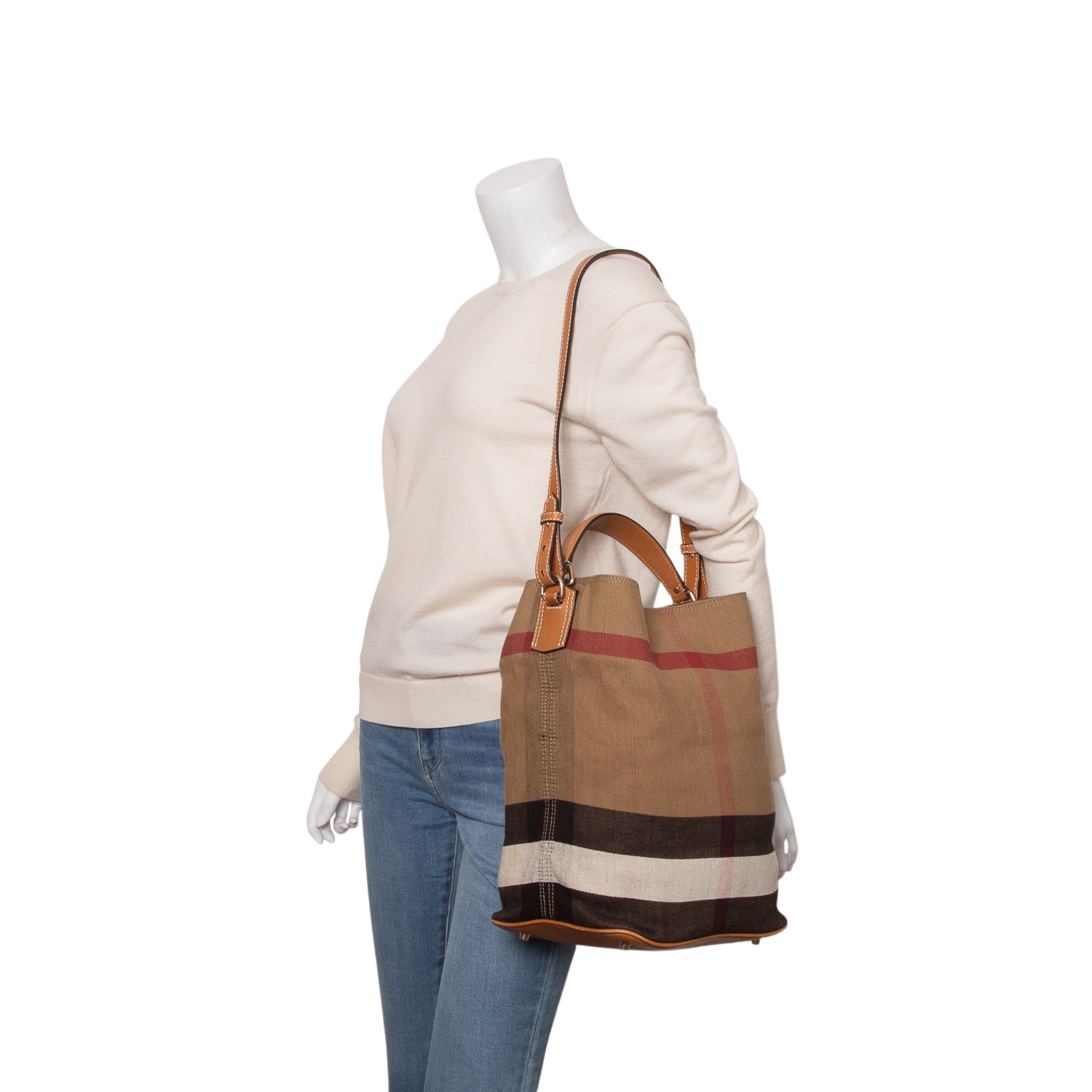 Burberry Mega Check Ashby Bucket Bag w/ Strap & Pouch