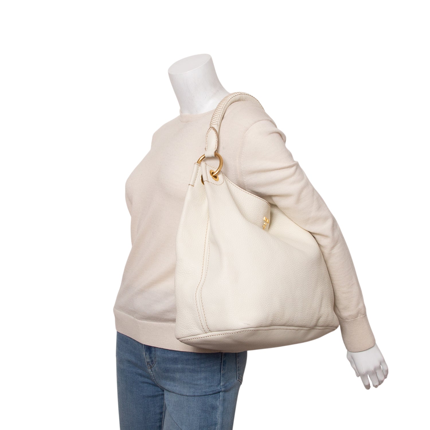 Prada White Vitello Daino Hobo