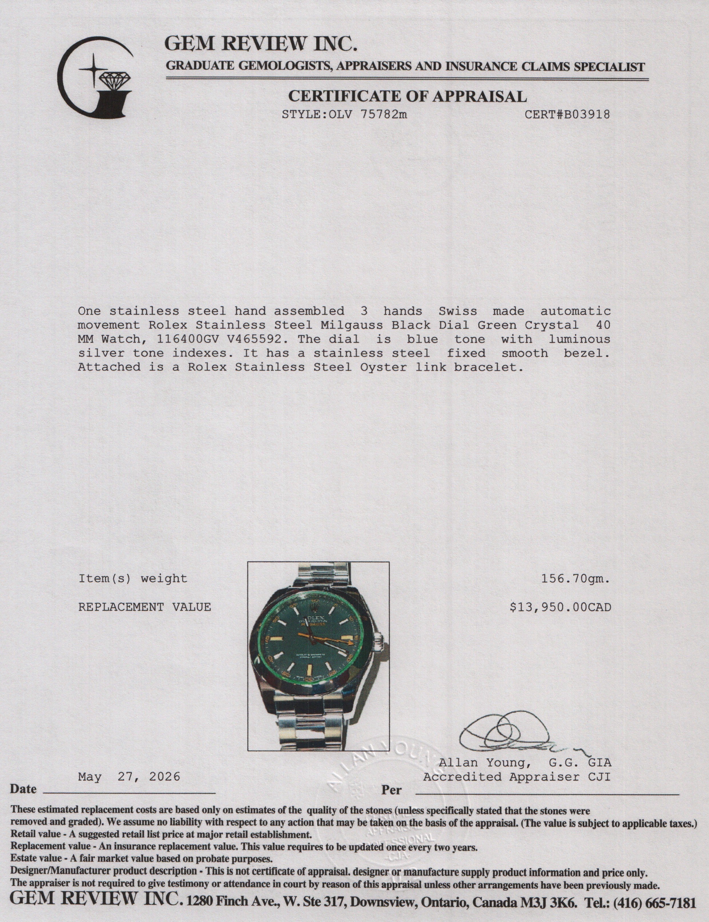 Rolex Stainless Steel Milgauss Green Crystal 40 MM Watch Black Dial 116400GV