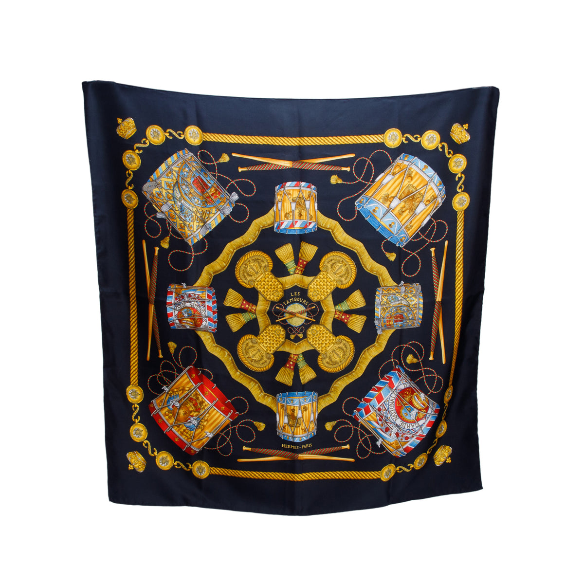 Hermes Blue & Multicolor 'Les Tambours' Silk Scarf 90 w/ Box