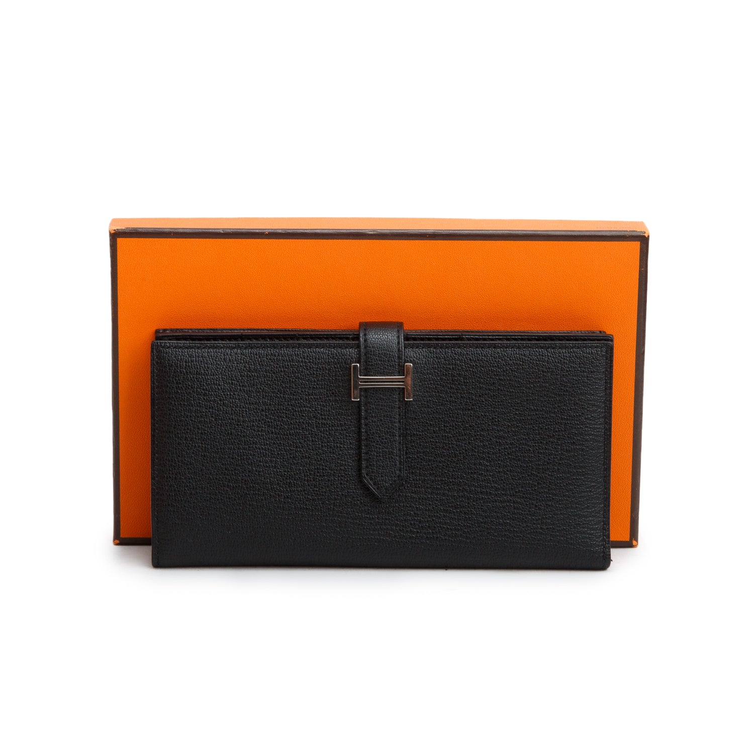 Hermes Noir Chevre Mysore Leather Bearn Gusset Wallet w/ Box