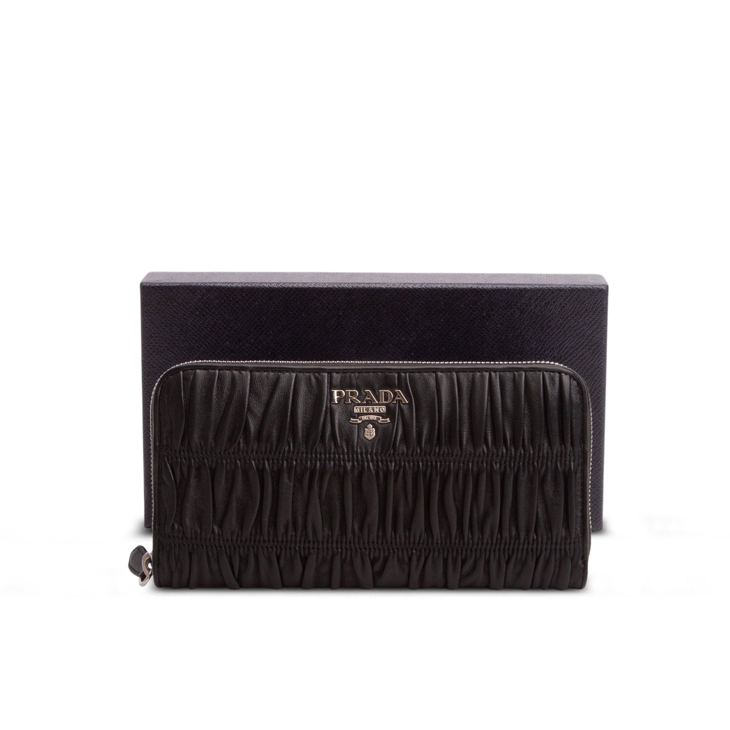 Prada Black Nappa Gaufre Leather Zip Around Wallet w/ Box