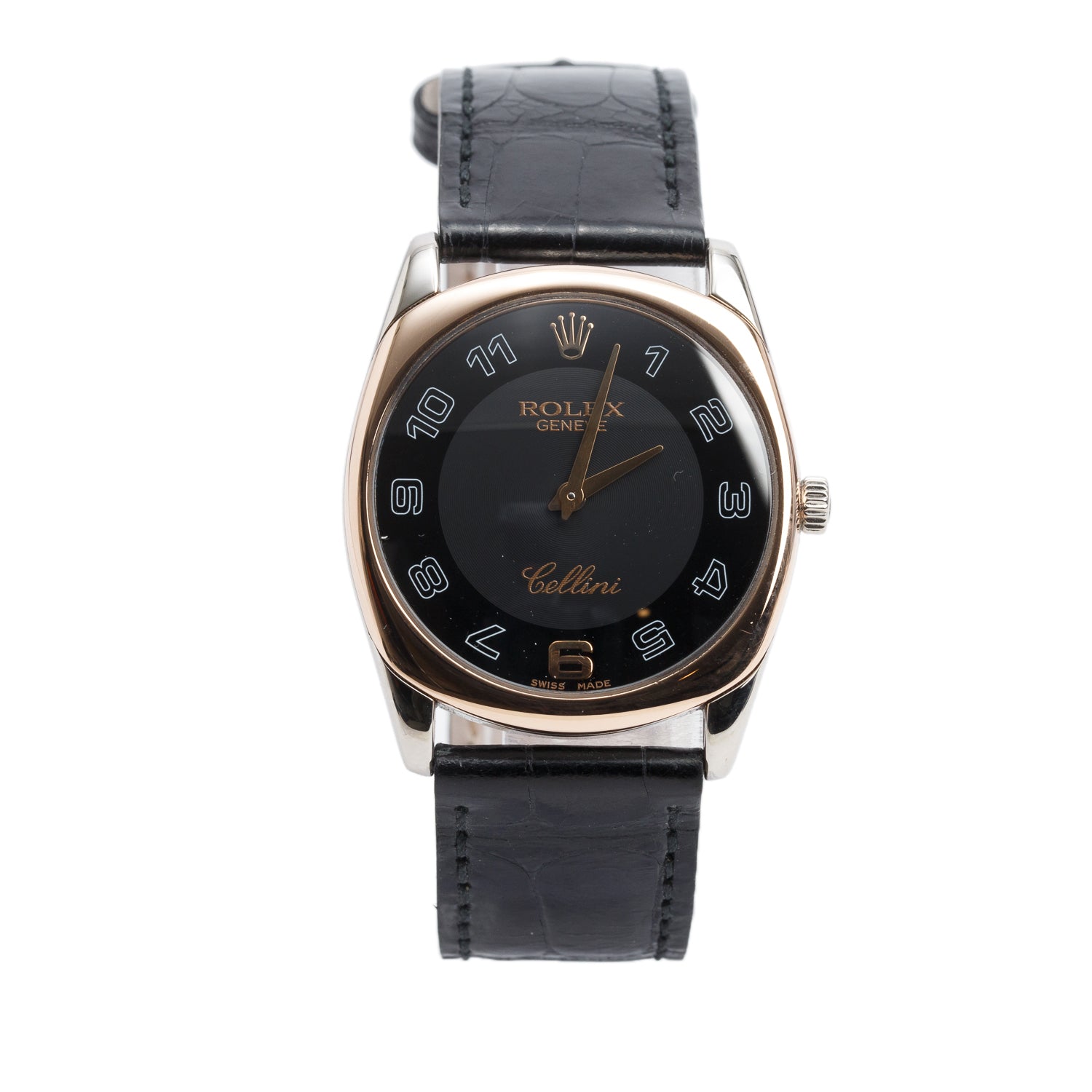 Rolex 18k Rose & White Gold Cellini Danaos 33 MM Manual Watch Black Dial 4233