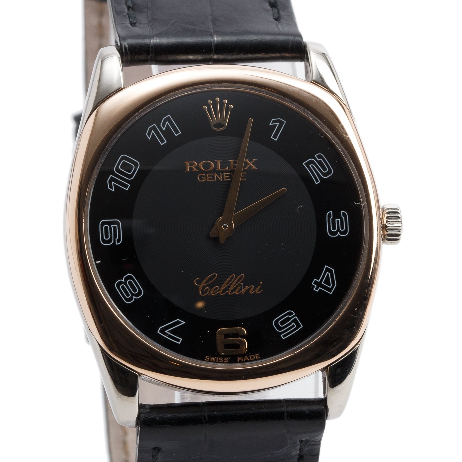 Rolex 18k Rose & White Gold Cellini Danaos 33 MM Manual Watch Black Dial 4233
