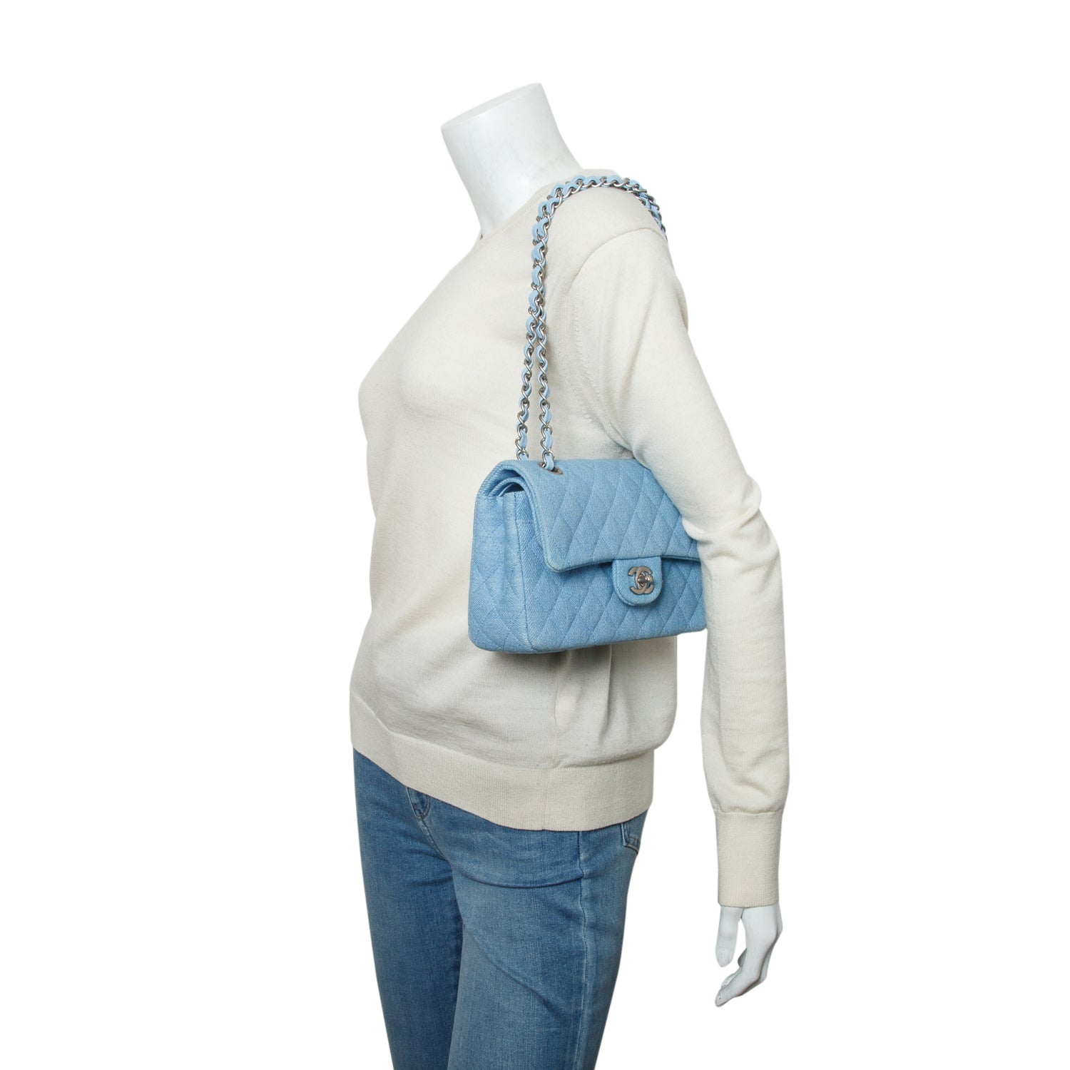 Chanel Blue Denim Quilted Small Double Flap Bag w/ Box