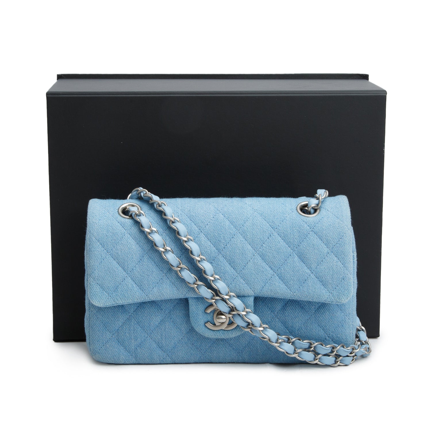 Chanel Blue Denim Quilted Small Double Flap Bag w/ Box