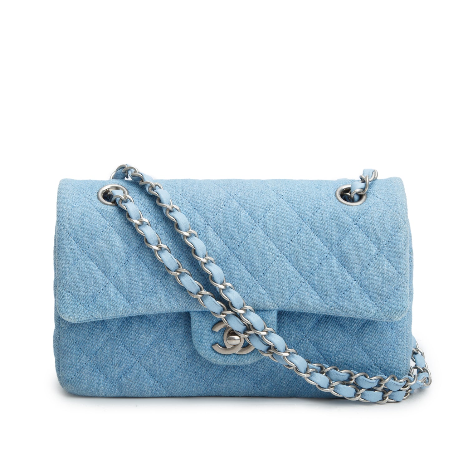 Chanel Blue Denim Quilted Small Double Flap Bag w/ Box