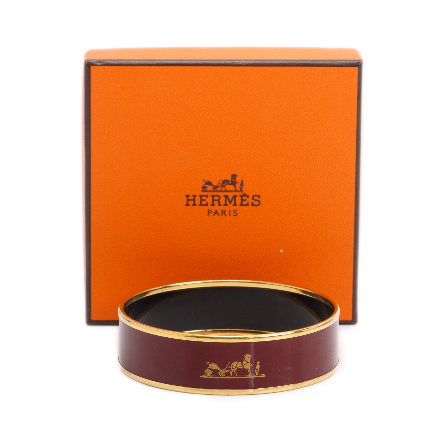 Hermes Gold-Plated Burgundy 'Caleche' Enamel Wide Bangle w/ Box