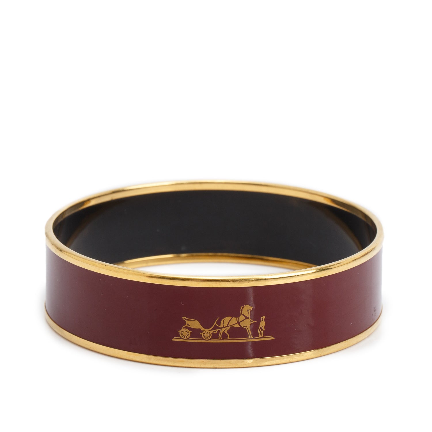 Hermes Gold-Plated Burgundy 'Caleche' Enamel Wide Bangle w/ Box
