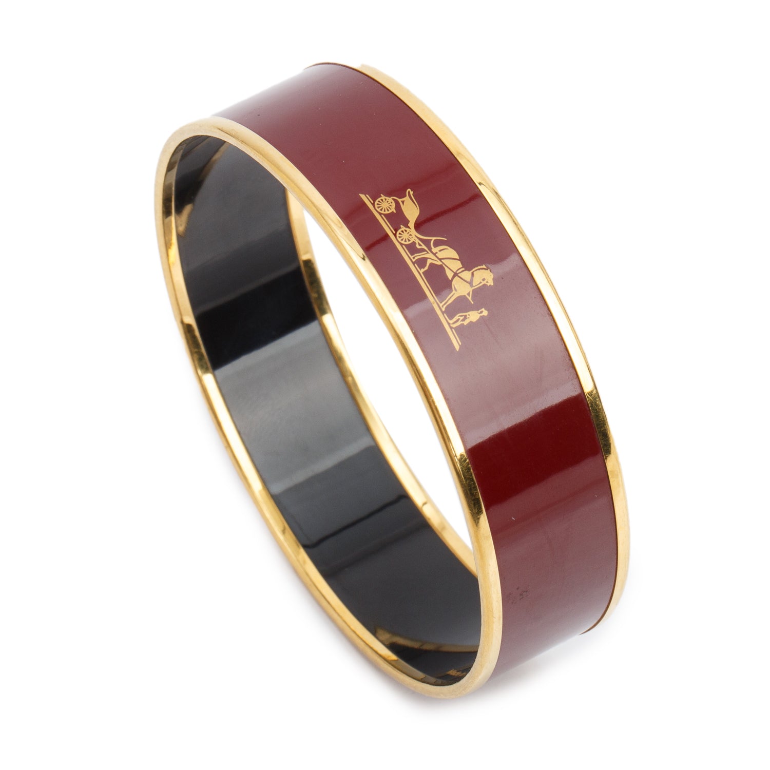 Hermes Gold-Plated Burgundy 'Caleche' Enamel Wide Bangle w/ Box