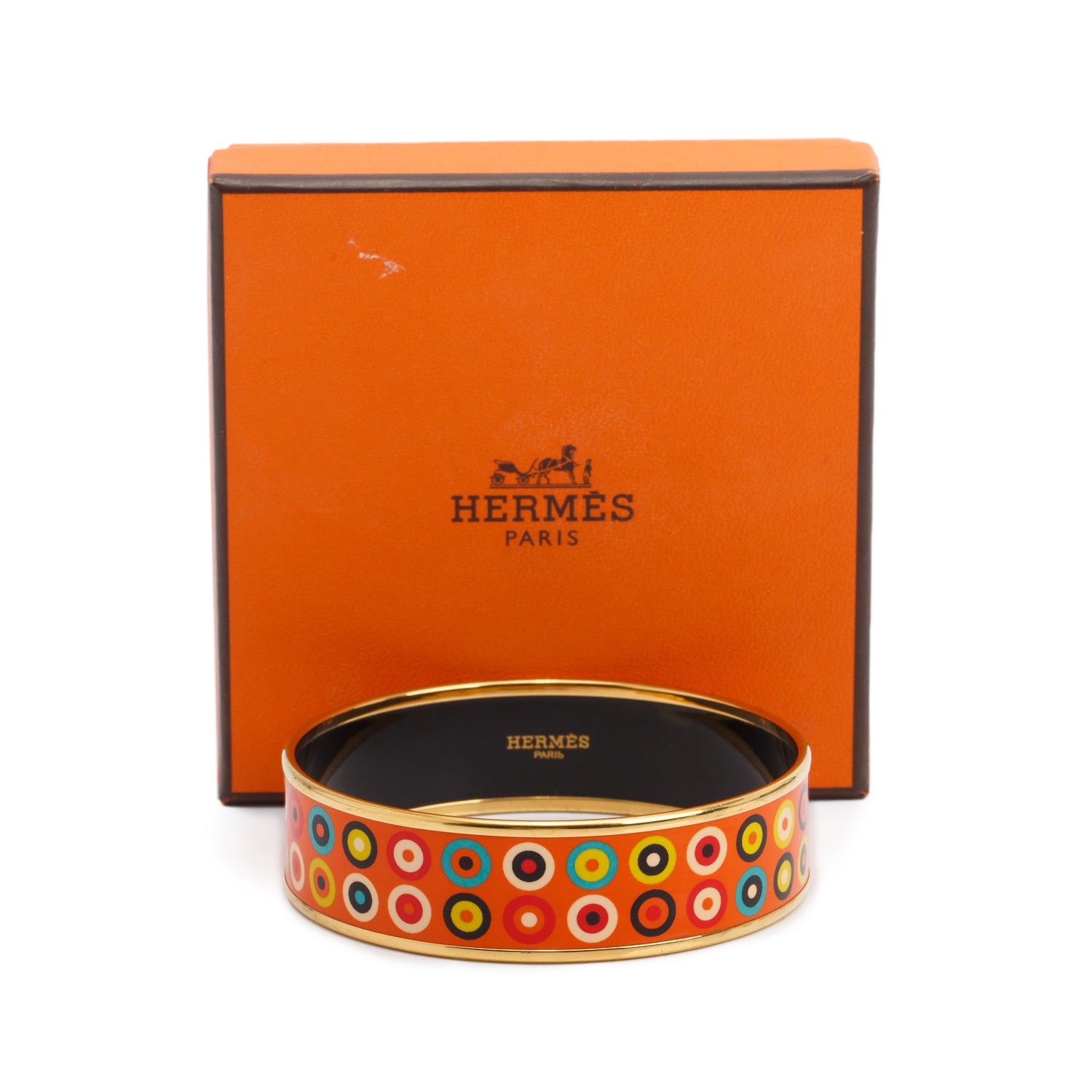 Hermes Gold-Plated Orange 'Dancing Circles' Enamel Wide Bangle w/ Box