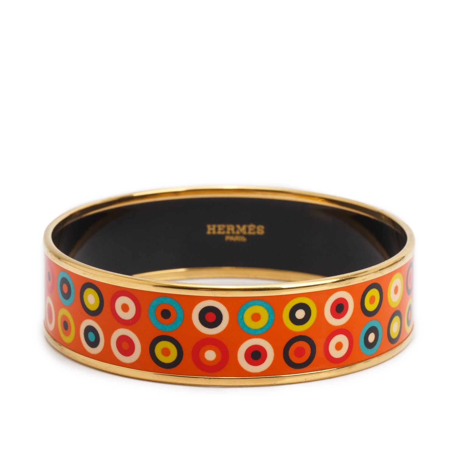 Hermes Gold-Plated Orange 'Dancing Circles' Enamel Wide Bangle w/ Box