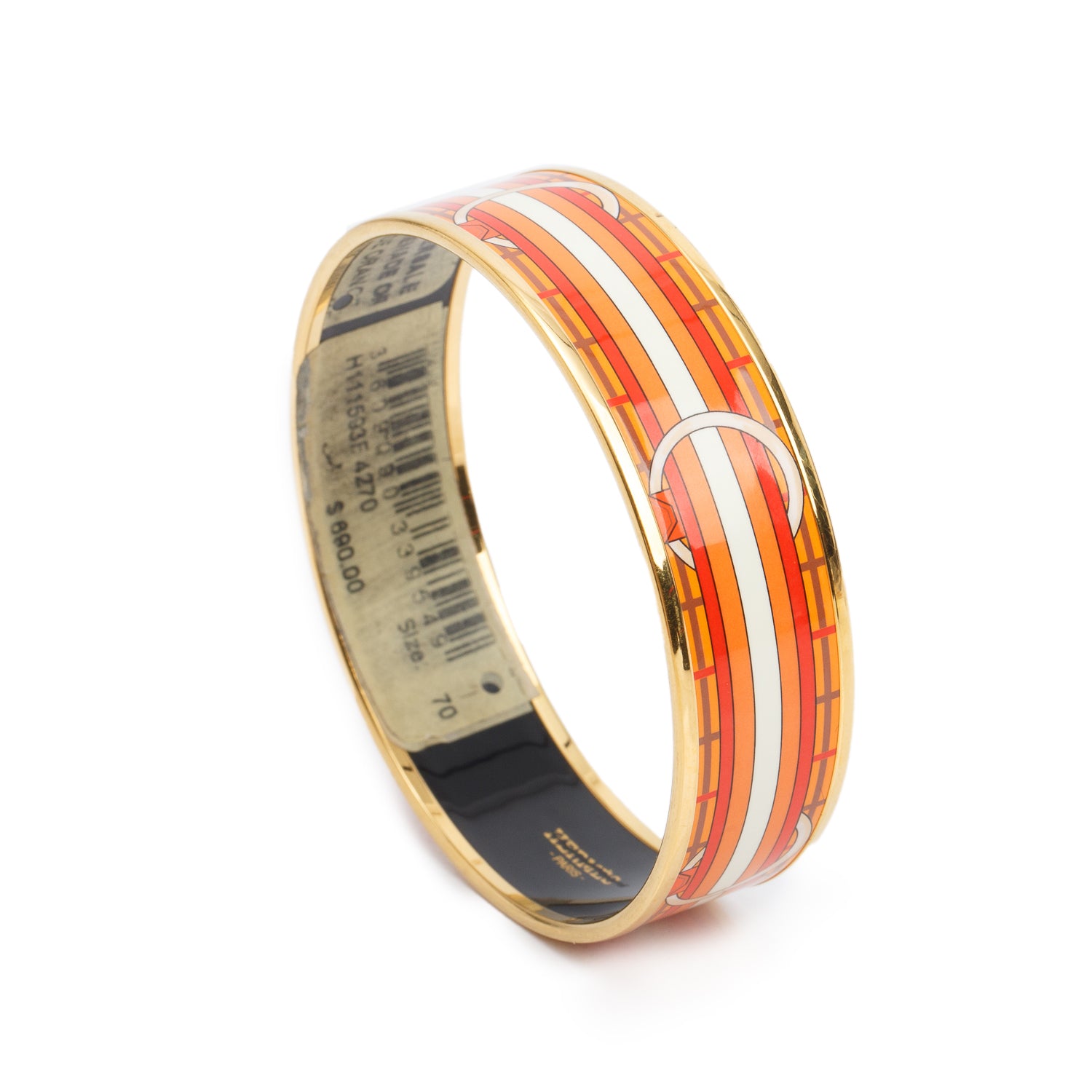 Hermes Gold-Plated Orange 'Tatersale' Enamel Wide Bangle w/ Box