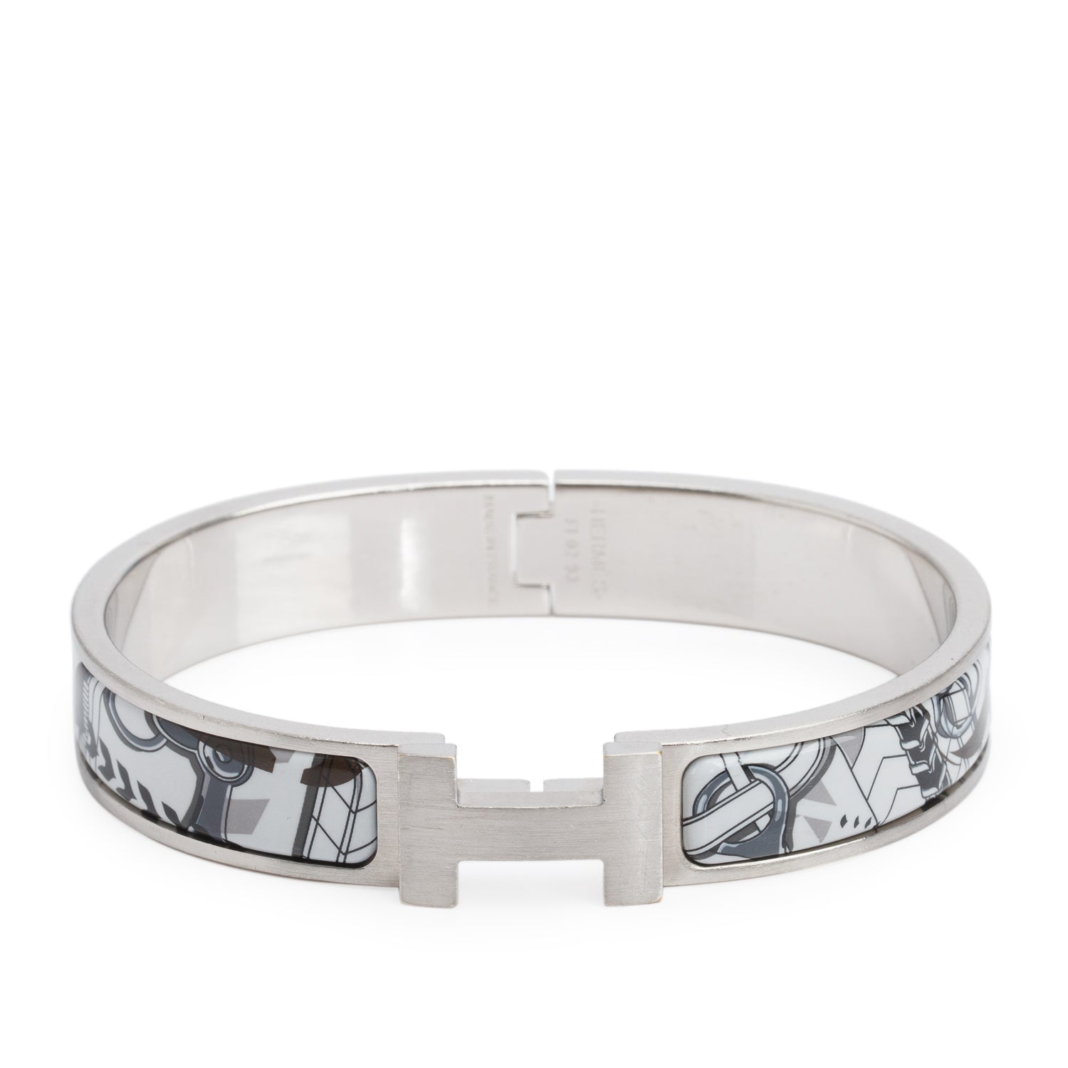 Hermes Palladium Plated Panoplie Equestre Imprimeur Fou Enamel 12 MM Clic HH Bracelet