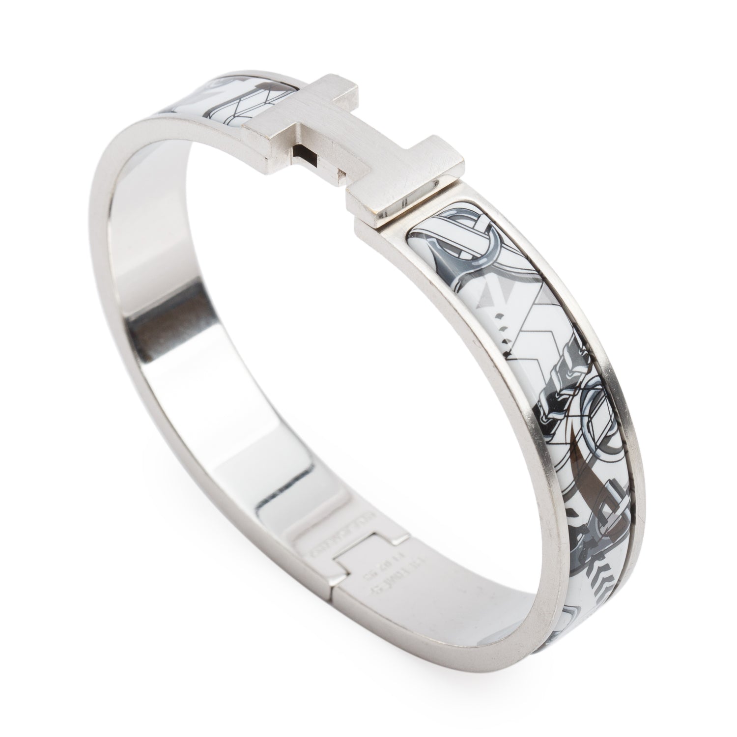 Hermes Palladium Plated Panoplie Equestre Imprimeur Fou Enamel 12 MM Clic HH Bracelet