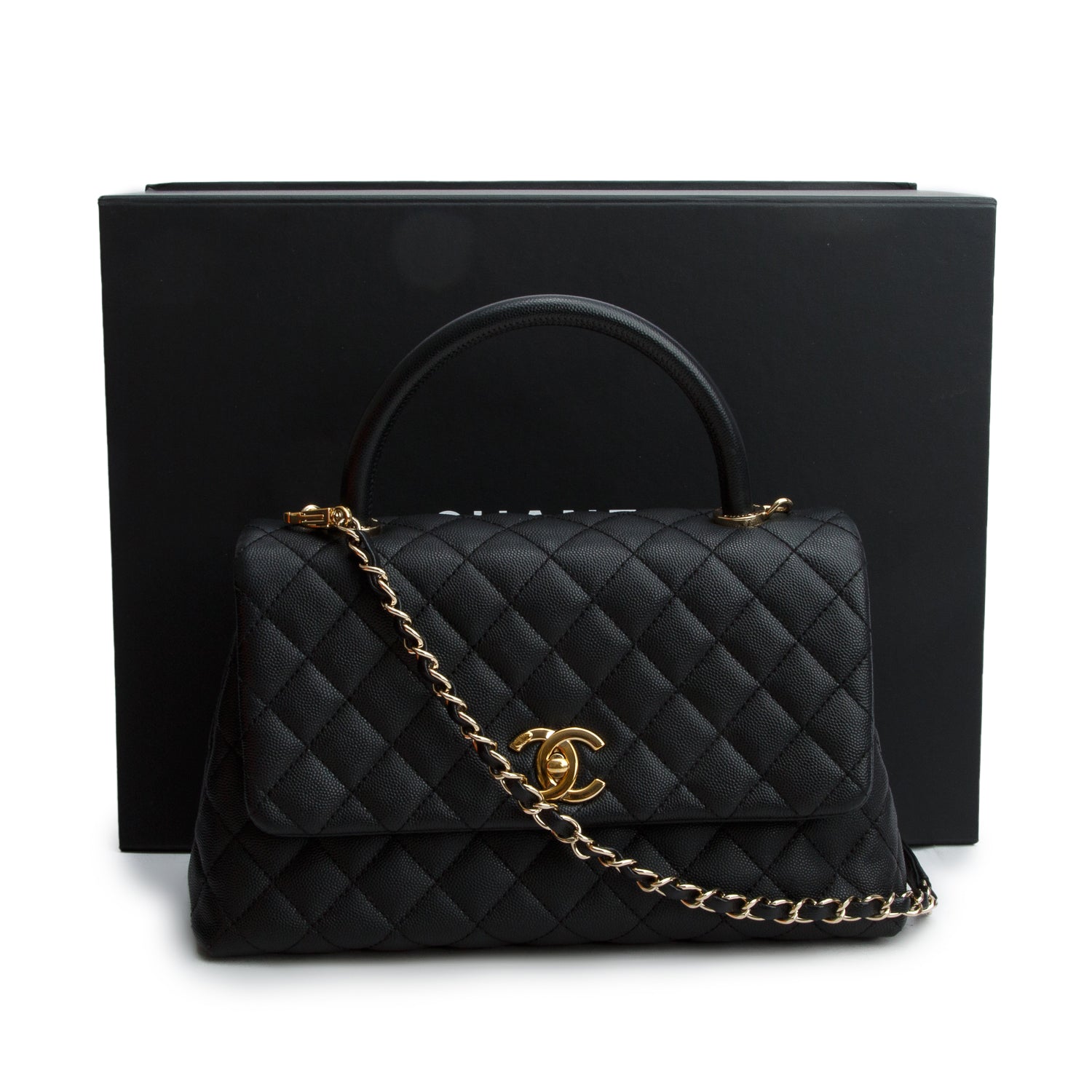 Chanel 2020 Black Caviar Quilted Small Coco Handle Flap w/ Box, Authenticity Card & Strap
