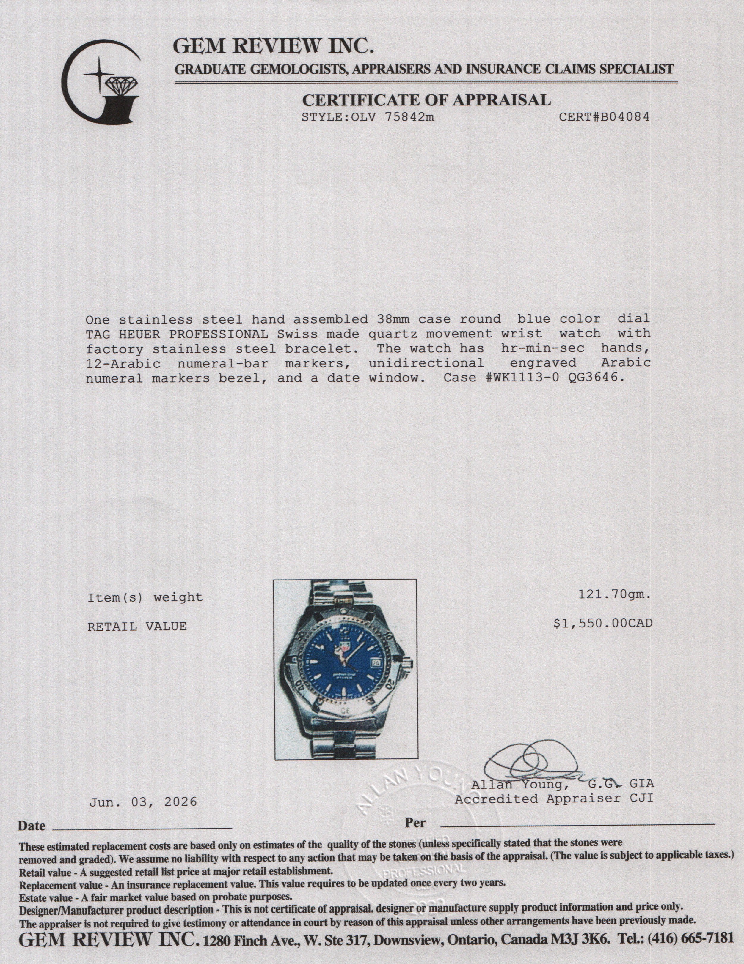 Tag Heuer Stainless Steel 2000 Professional 200M 38 MM Quartz Watch Blue Dial WK1113 w/ Box & Papers
