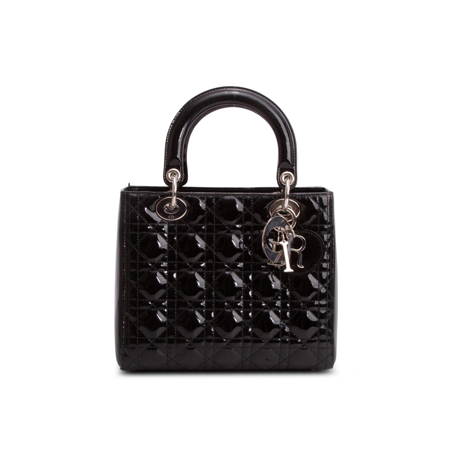 Christian Dior Black Cannage Patent Leather Medium Lady Dior Bag w/ Straps