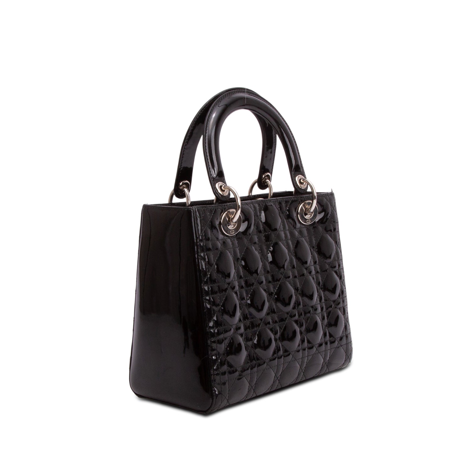 Christian Dior Black Cannage Patent Leather Medium Lady Dior Bag w/ Straps