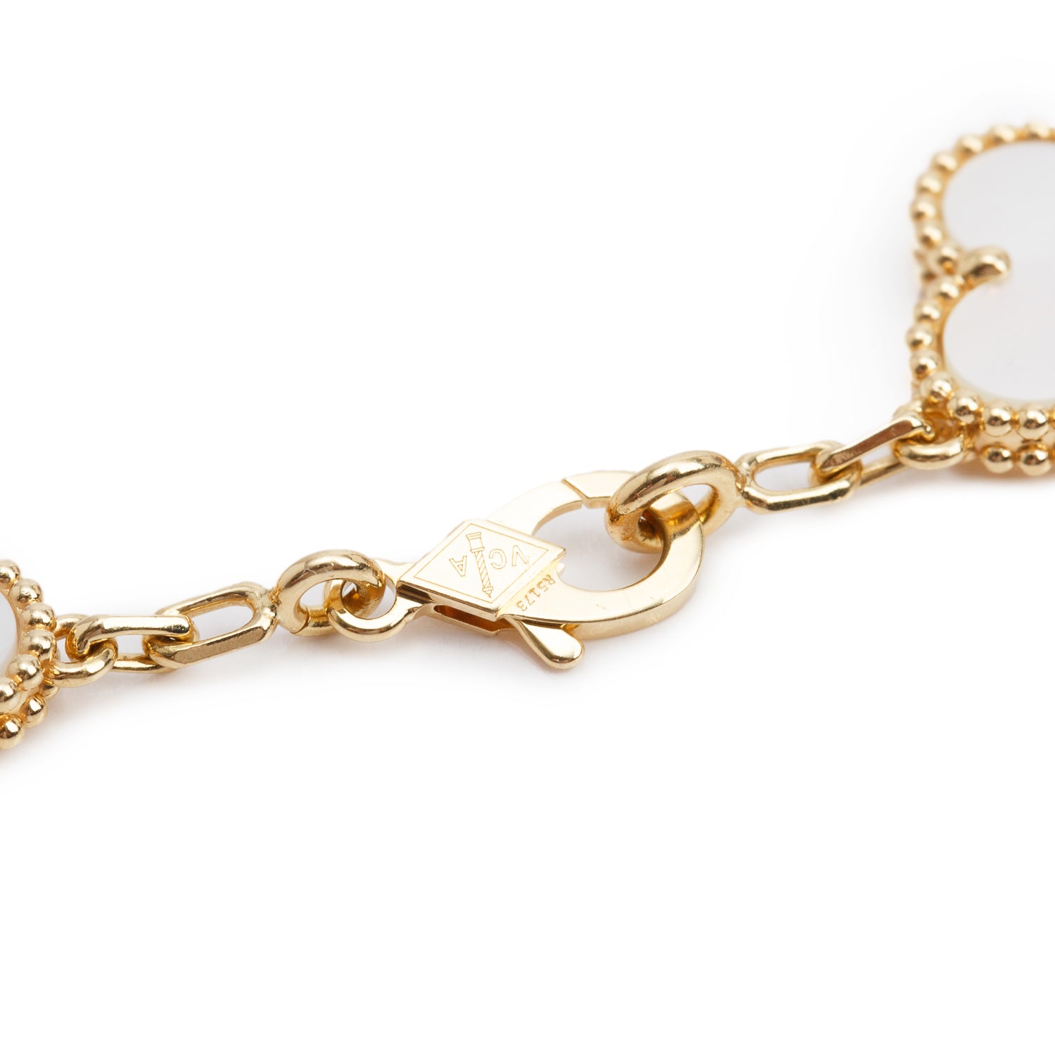 Van Cleef & Arpels 2023 18k Yellow Gold Vintage Alhambra 5 Motif Mother of Pearl Bracelet w/ Box , Receipt, & Certificate