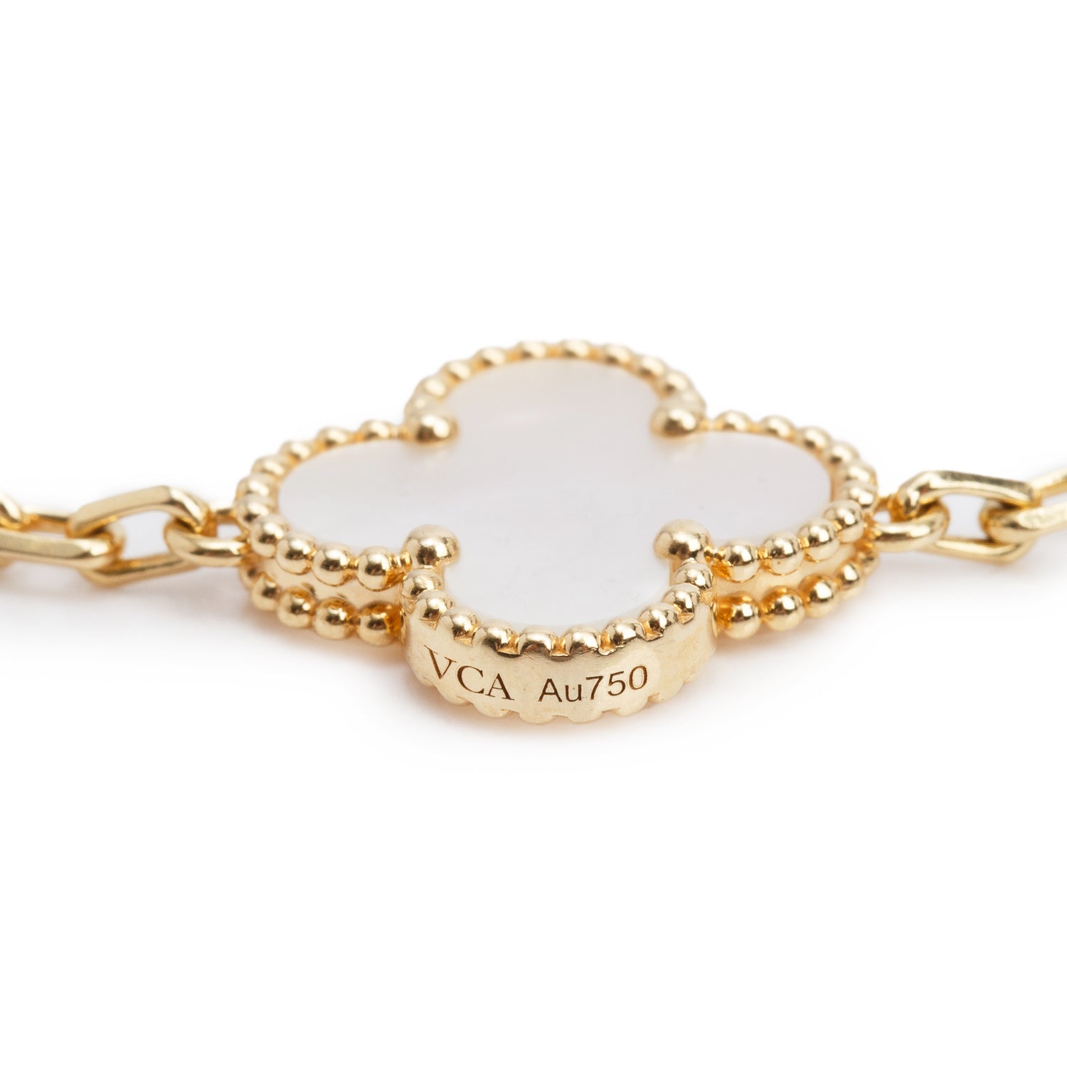 Van Cleef & Arpels 2023 18k Yellow Gold Vintage Alhambra 5 Motif Mother of Pearl Bracelet w/ Box , Receipt, & Certificate