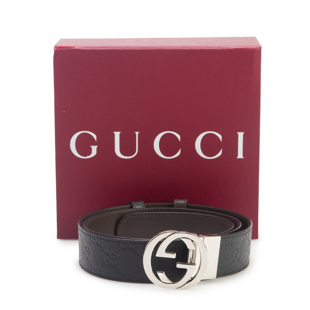 Gucci Brown/Black Signature Leather Interlocking G Reversible Belt, 100 40 w/ Box