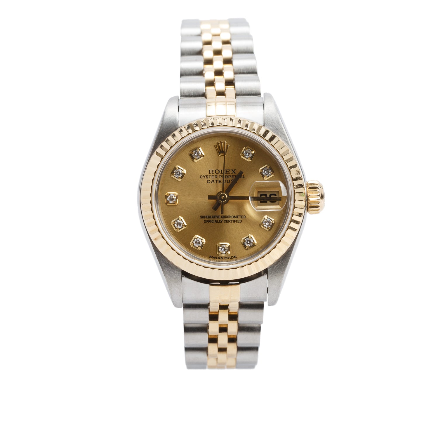 Rolex Stainless Steel & 18k Yellow Gold Datejust 26 MM Watch Champagne Diamond Dial 79173 w/ Box