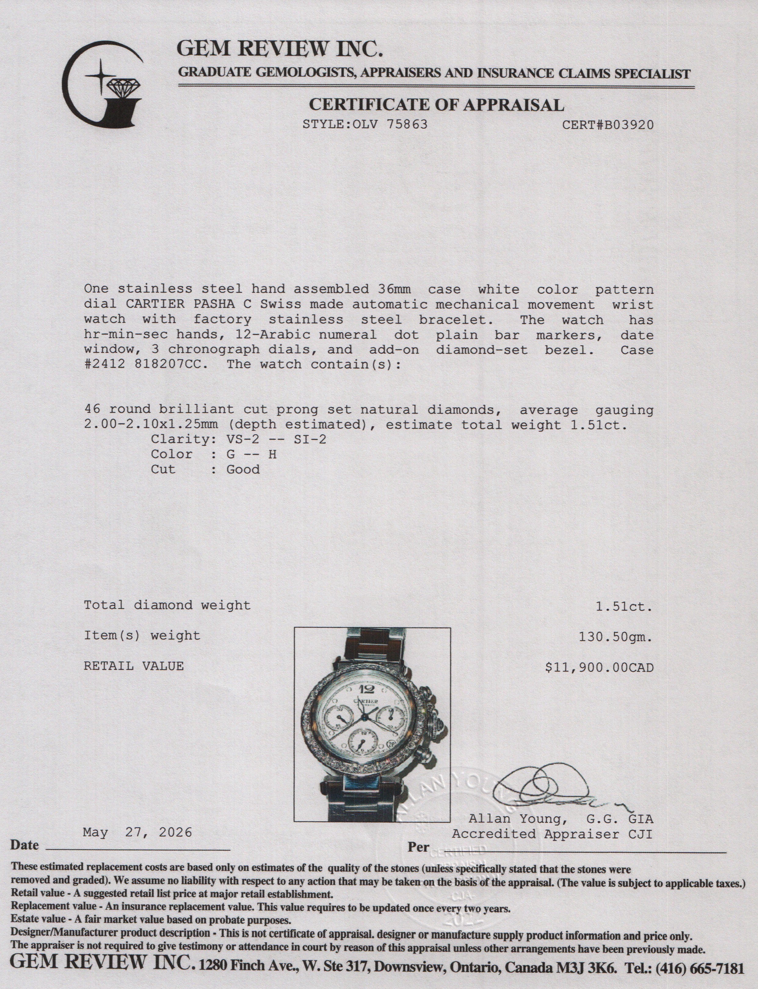 Cartier Stainless Steel Diamond Bezel Pasha C 36 MM Automatic Chronograph Watch 2412