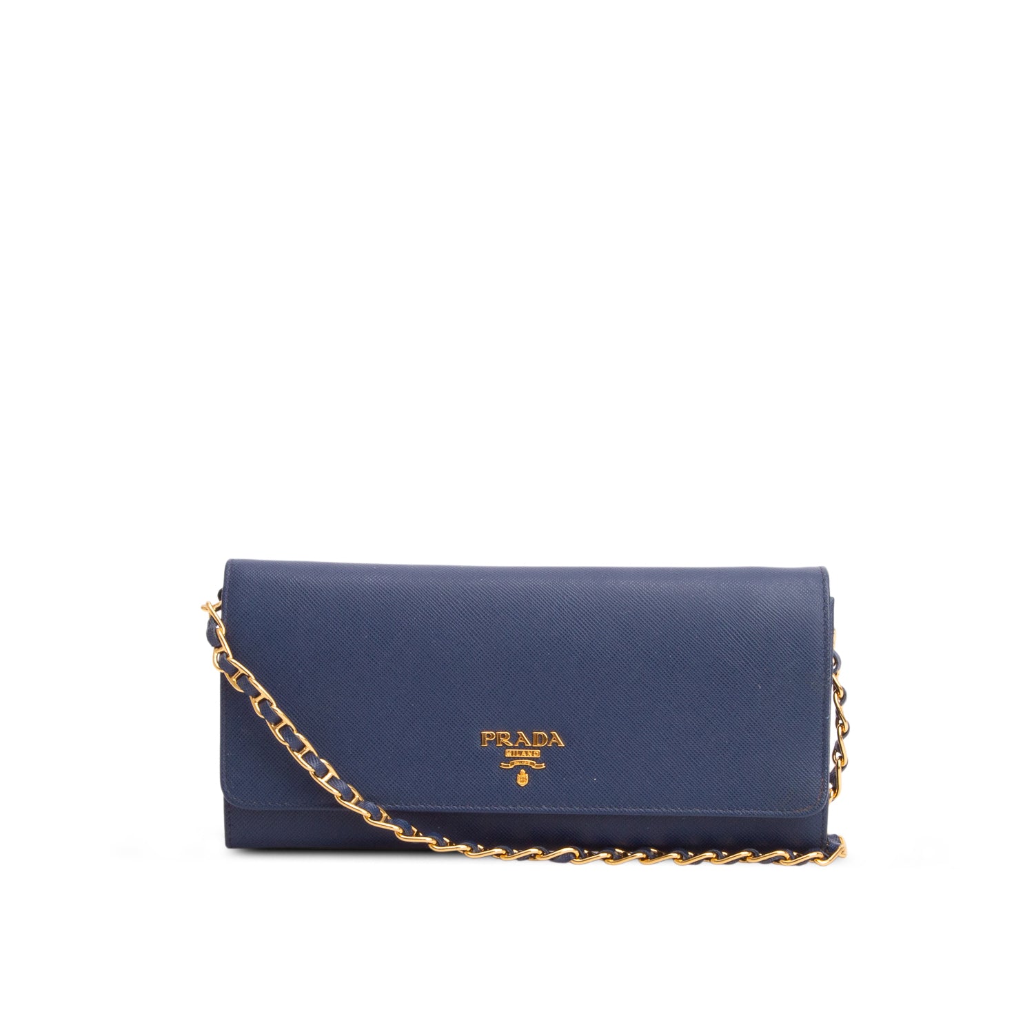 Prada Blue Saffiano Metal Continental Wallet on Chain w/ Authenticity Card