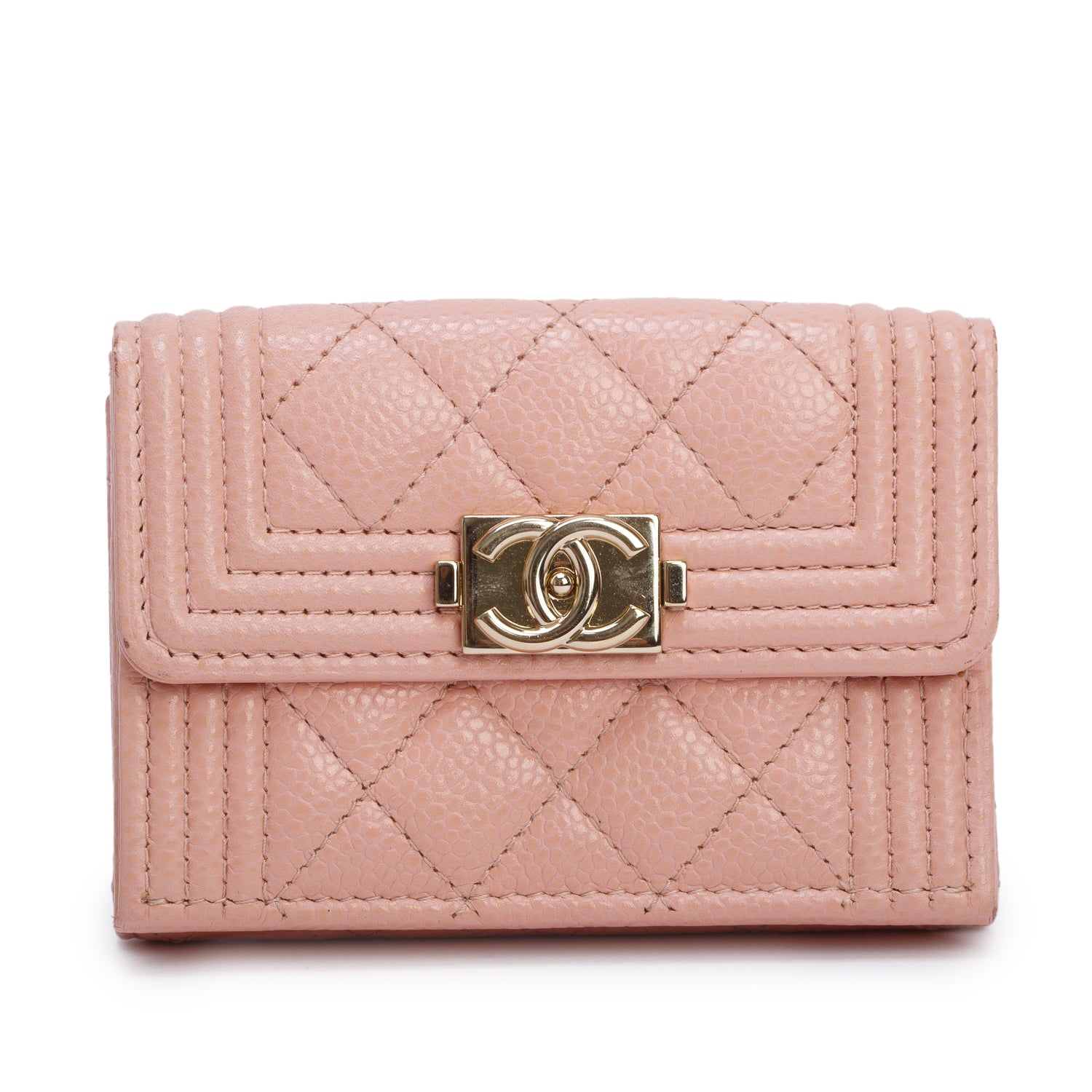 Chanel Pink Quilted Caviar Leather Boy Trifold Compact Wallet w/ Box & Authenticity Card