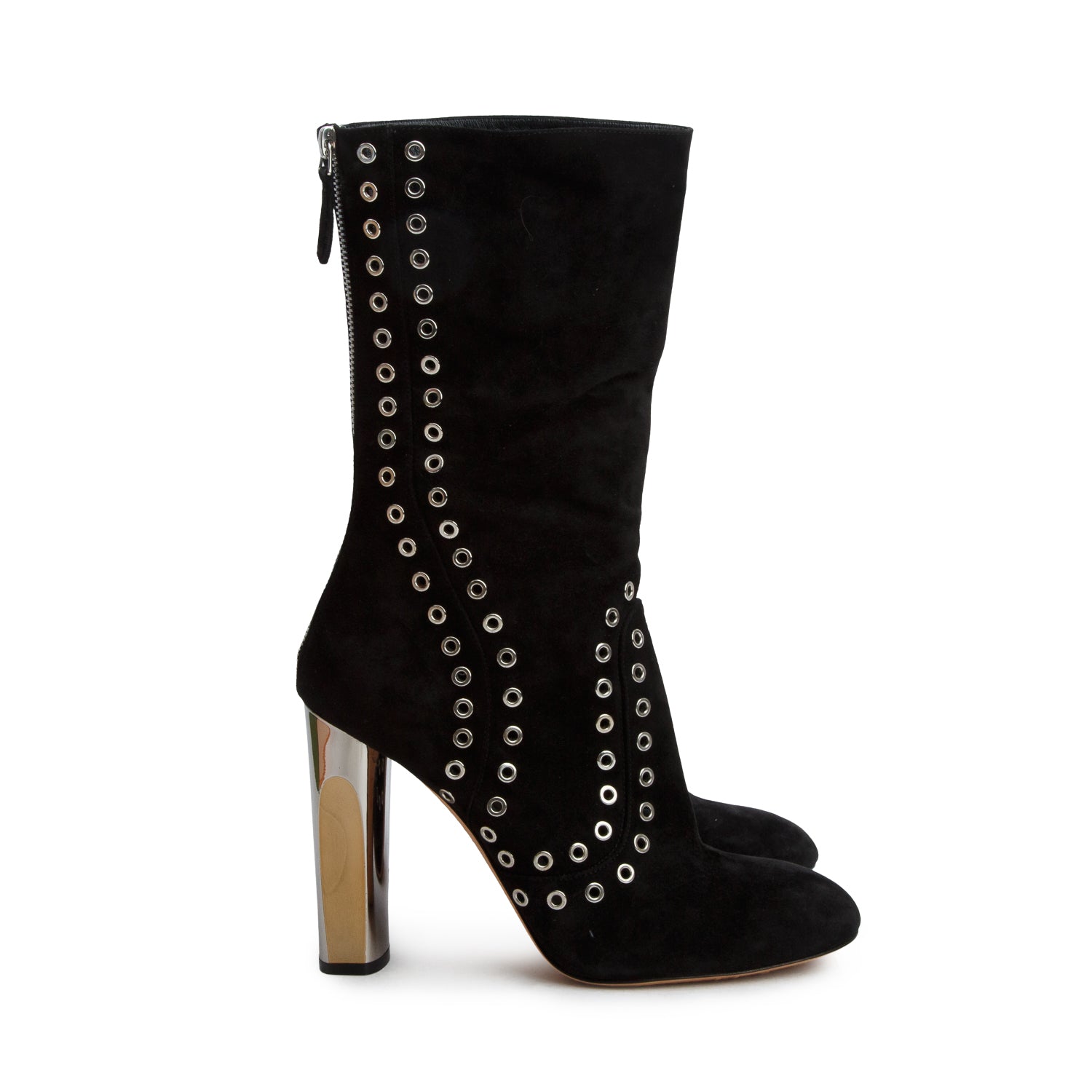 Alexander McQueen Black Suede Mid Calf Heel Boots, Size 40 w/ Box
