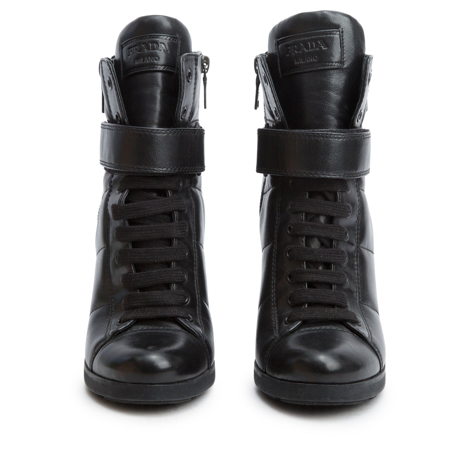 Prada Black Leather Wedge Lace-Up Ankle Boots, Size 8.5 w/ Box
