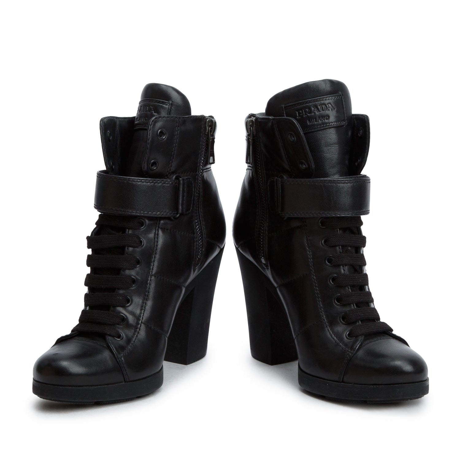 Prada Black Leather Wedge Lace-Up Ankle Boots, Size 8.5 w/ Box