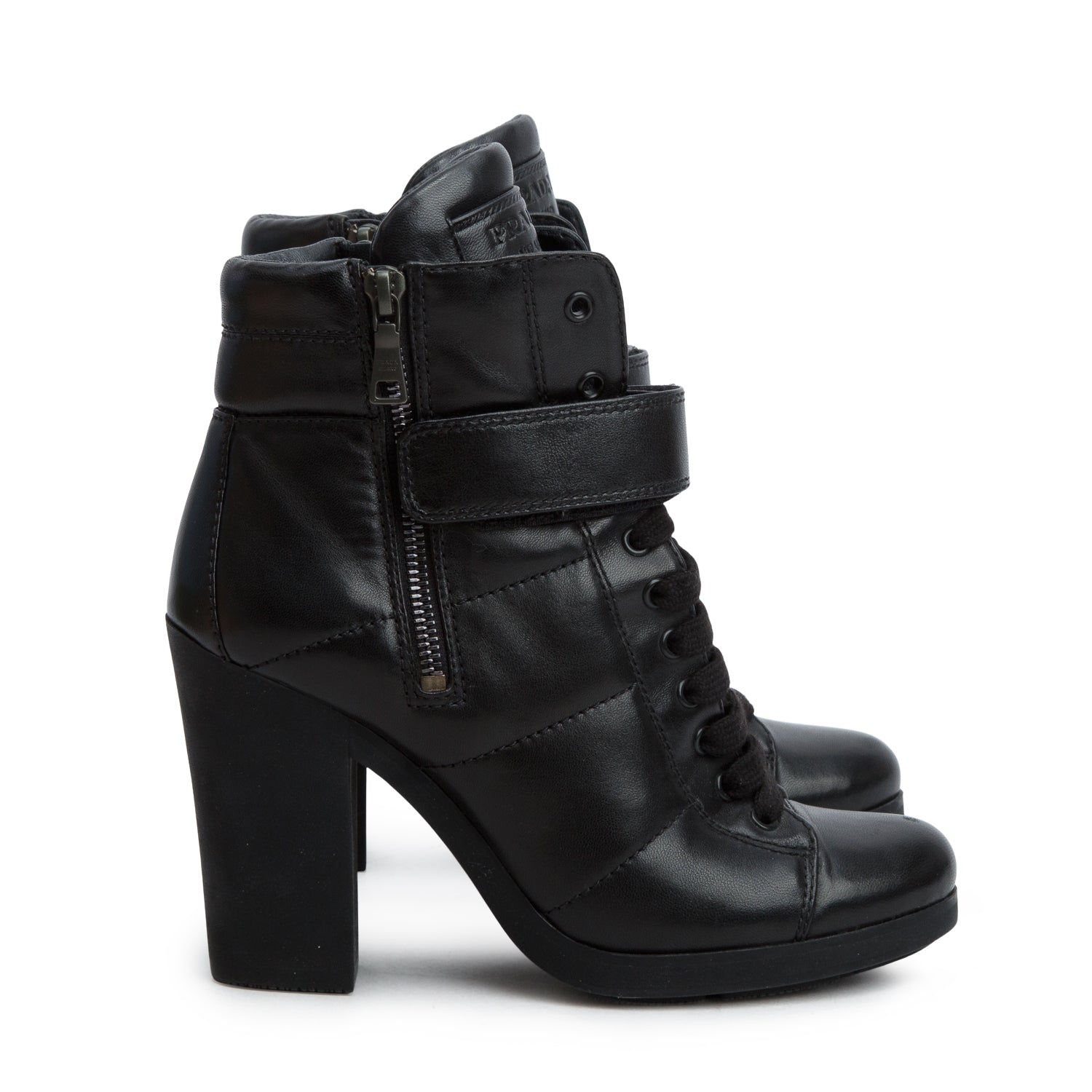 Prada Black Leather Wedge Lace-Up Ankle Boots, Size 8.5 w/ Box