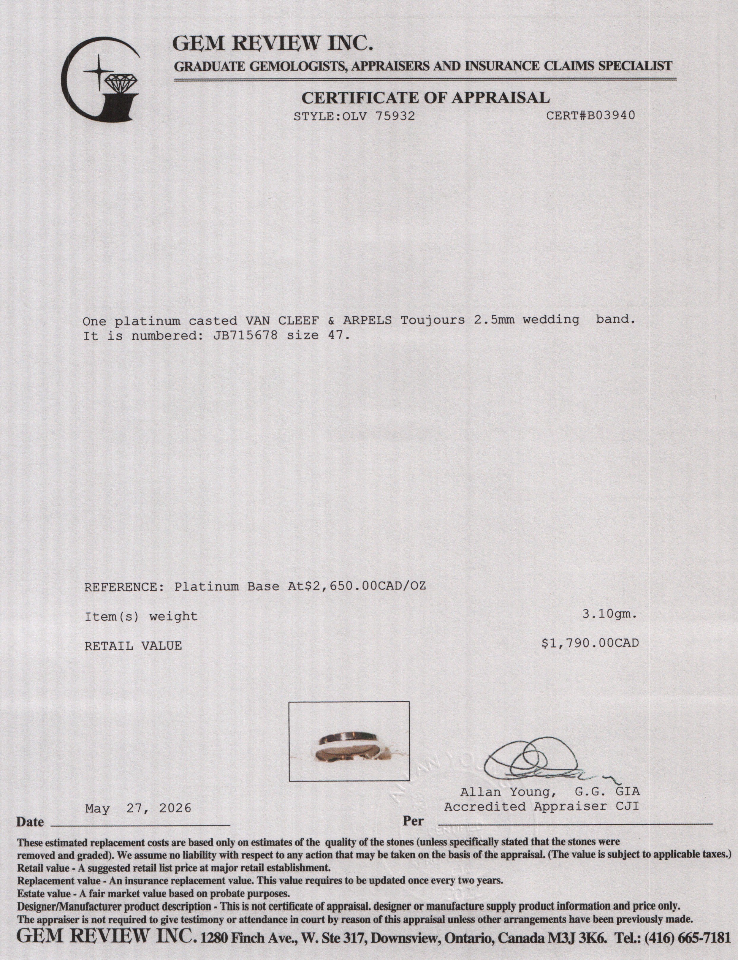 Van Cleef & Arpels Platinum Toujours 2.5 MM Wedding Band Ring, Size 47 4 w/ Receipt & Certificate