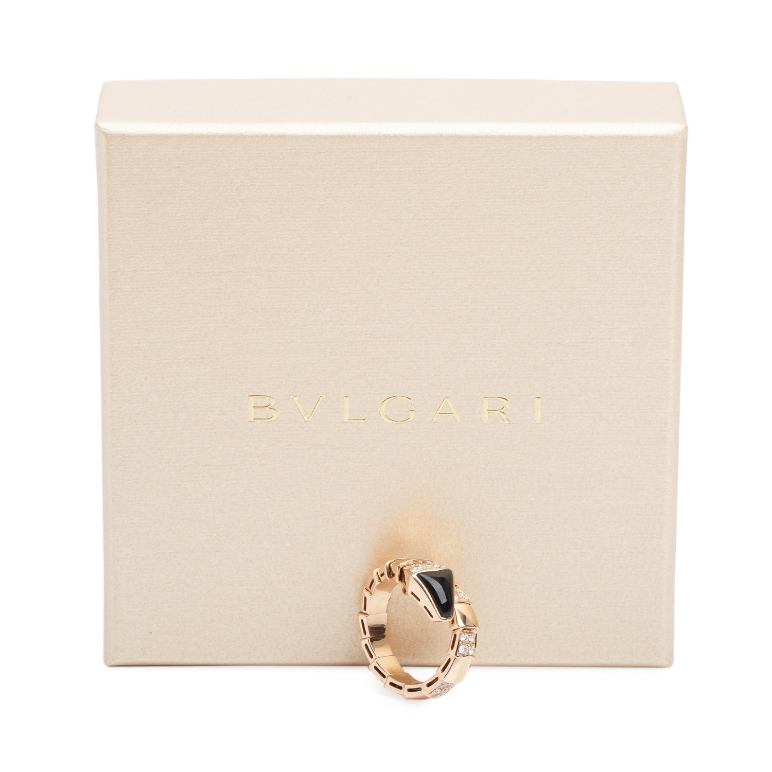 BVLGARI 18k Rose Gold Onyx & Diamond Serpenti Viper Ring, Size M w/ Box