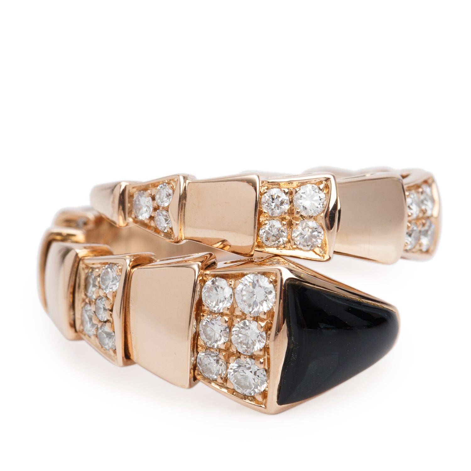 BVLGARI 18k Rose Gold Onyx & Diamond Serpenti Viper Ring, Size M w/ Box