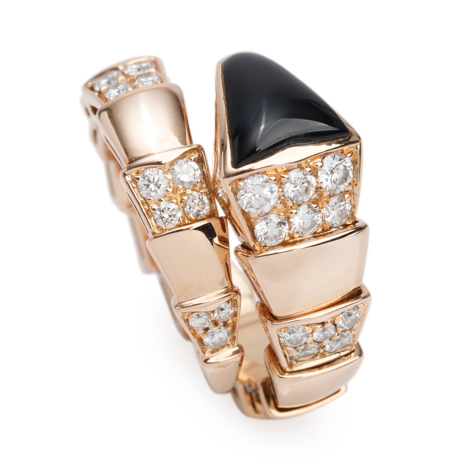 BVLGARI 18k Rose Gold Onyx & Diamond Serpenti Viper Ring, Size M w/ Box