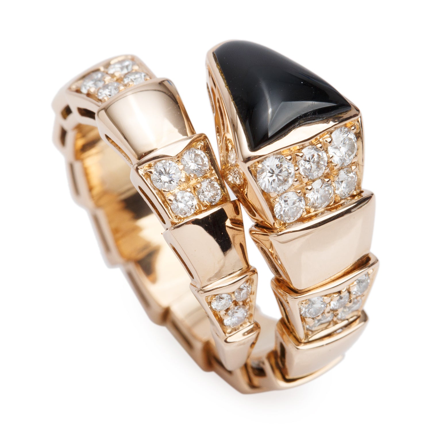 BVLGARI 18k Rose Gold Onyx & Diamond Serpenti Viper Ring, Size M w/ Box