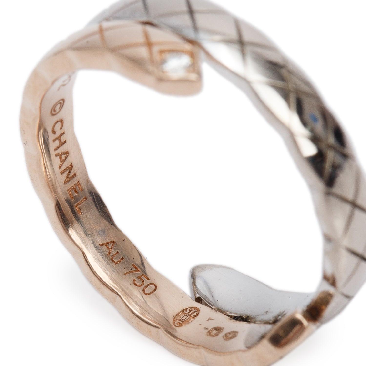 Chanel 18k Rose & White Gold Quilted Diamond Coco Crush Toi Et Moi Ring, Small Version, Size 52 6 w/ Box