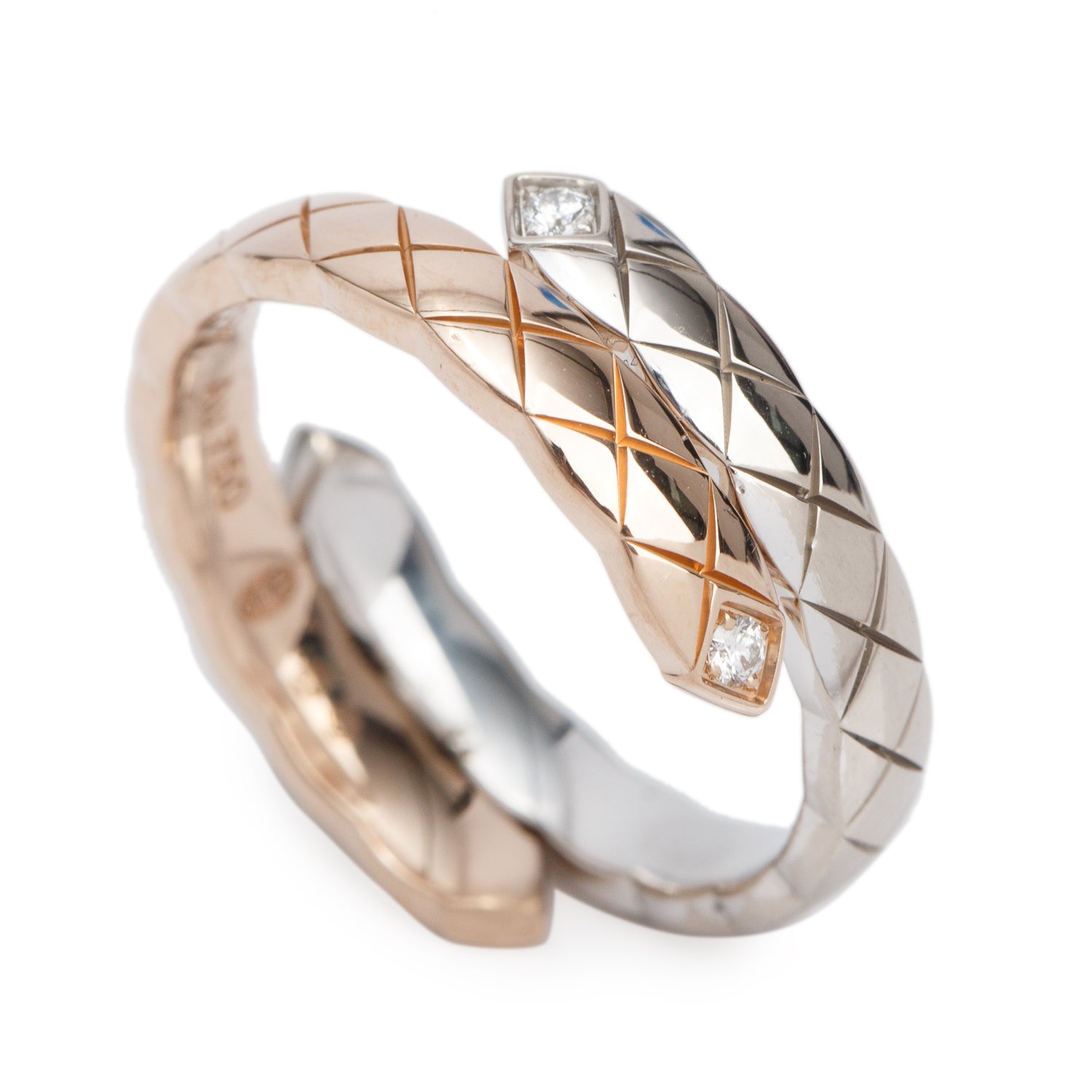 Chanel 18k Rose & White Gold Quilted Diamond Coco Crush Toi Et Moi Ring, Small Version, Size 52 6 w/ Box