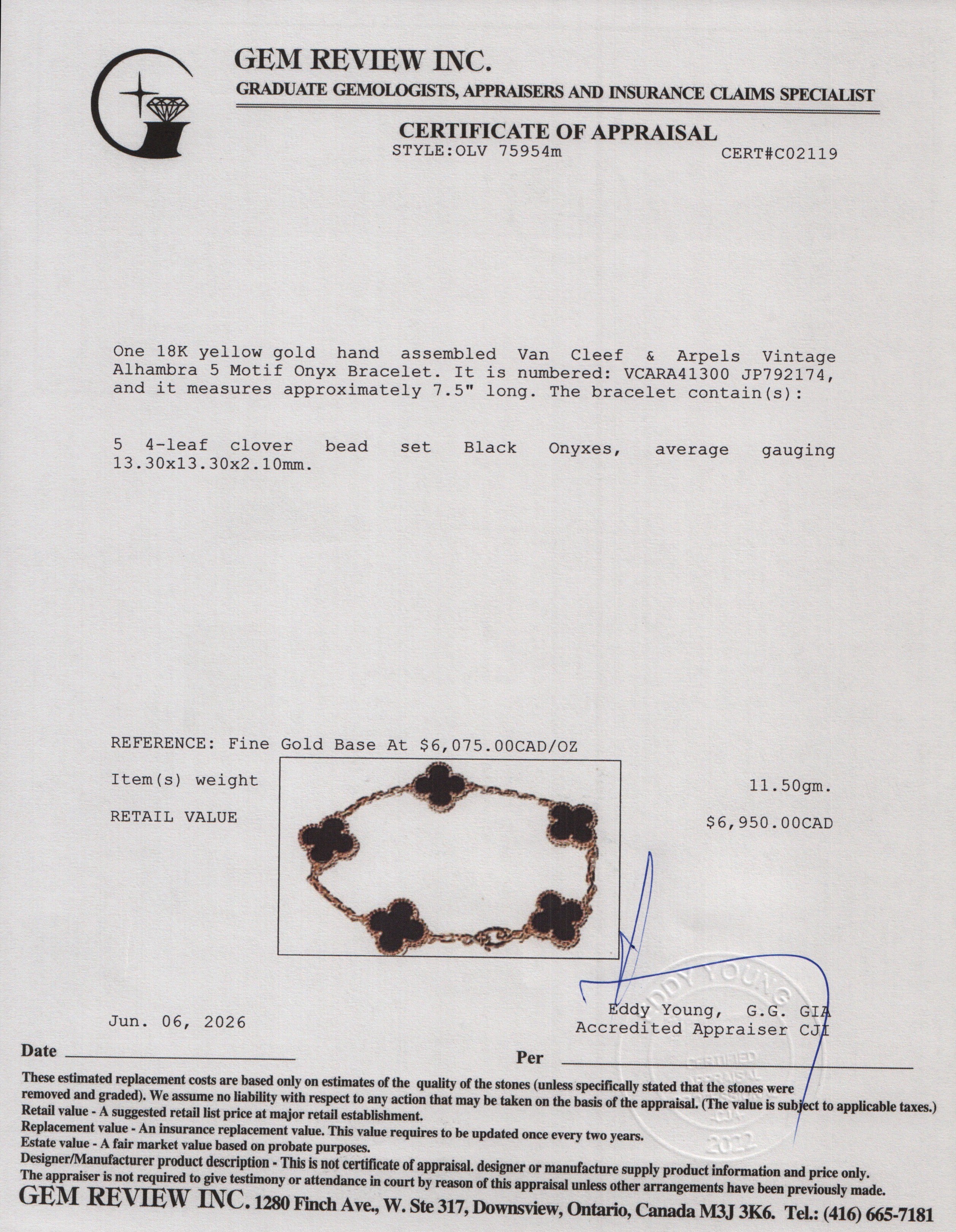 Van Cleef & Arpels 2026 18k Yellow Gold Vintage Alhambra 5 Motif Onyx Bracelet w/ Box & Certificate