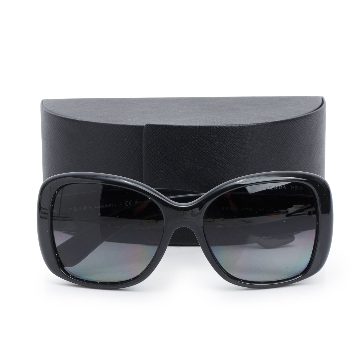 Prada Black SPR 32P Black Acetate Triangle Logo Oversized Square Sunglasses w/ Case